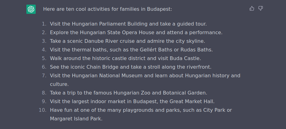 the coolest family activities in BUdapest according to ChatGP