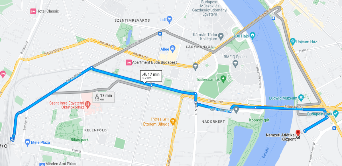 google maps suggestion by bike to the athletics center in Budapest