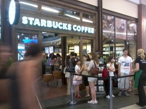 Standing in line in front of Starbucks in Budapest
